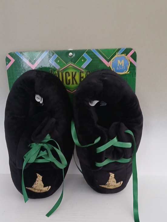 Wicked Shoes - Wicked Black Plush Slipper Shoes with Green Satin Laces
